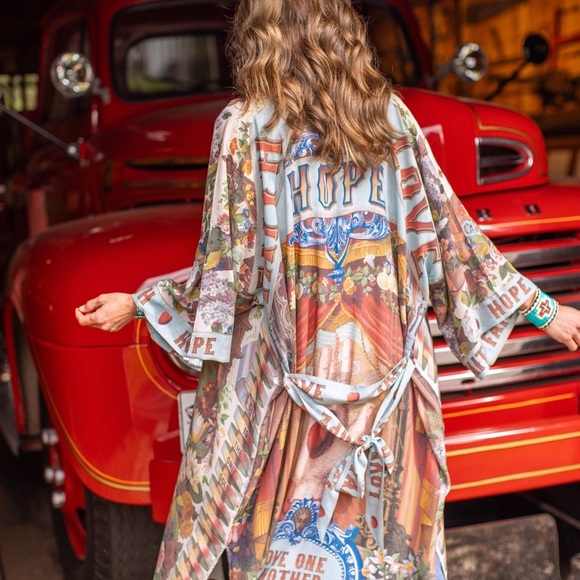 Love Language Printed Long Duster Bamboo Kimono Robe - Picture 5 of 9